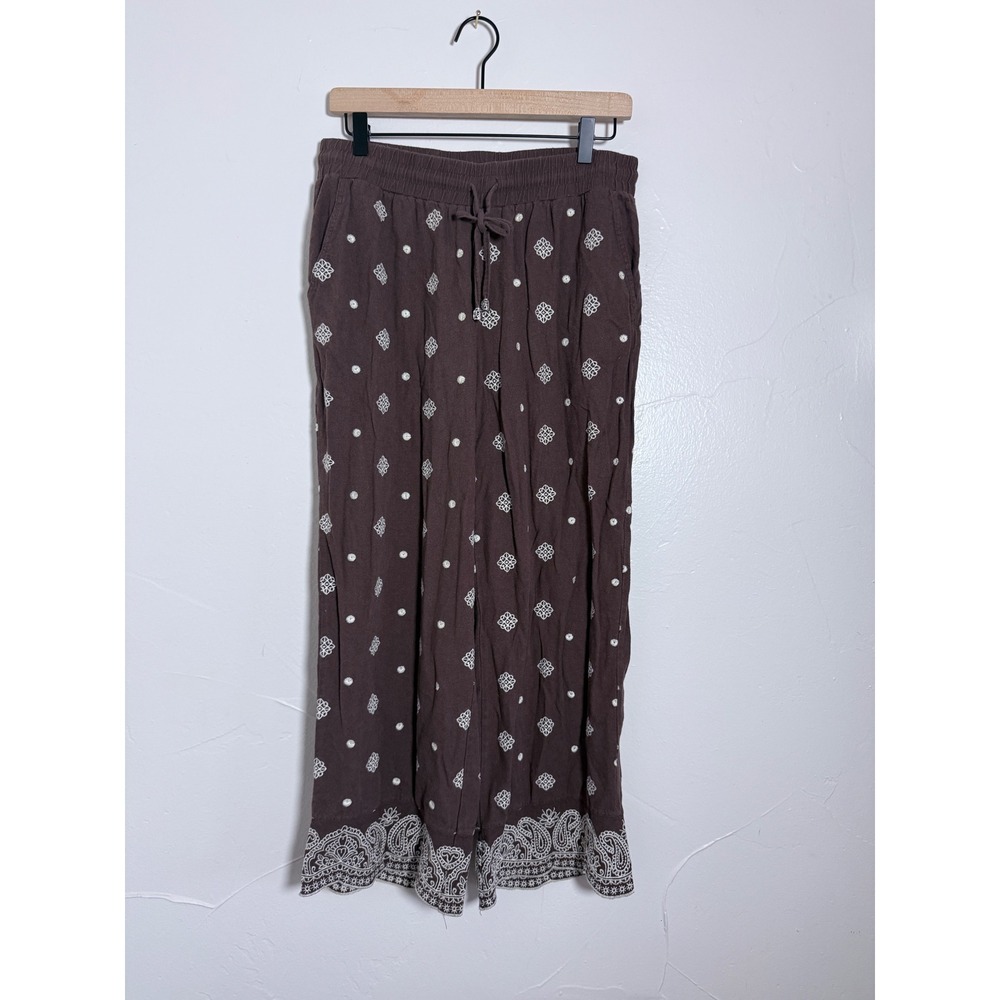 Calligraphie Brown Embroidered Linen Blend Wide Leg Boho Pants M